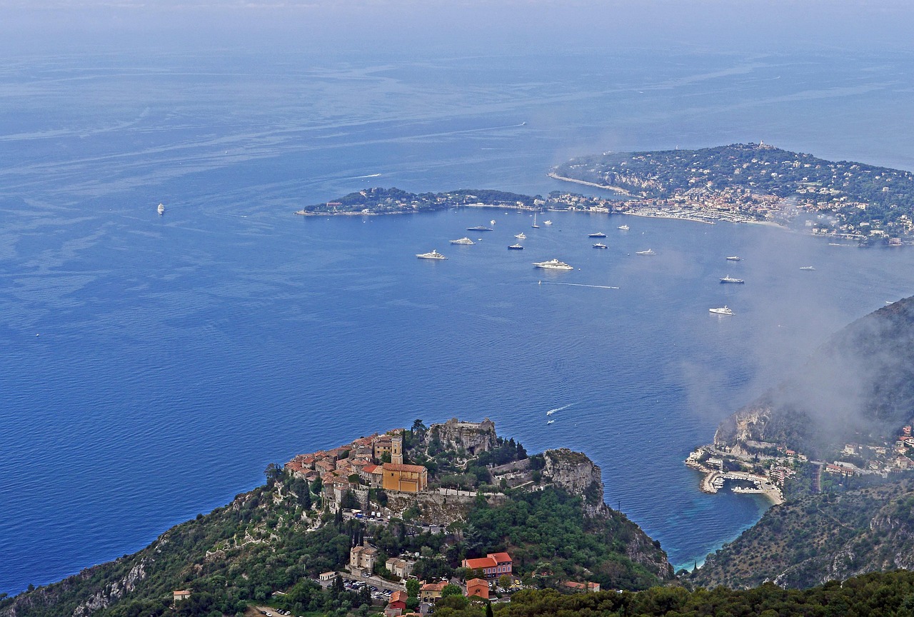 Panoramic view of the Mediterranean bay from Eze village hilltop