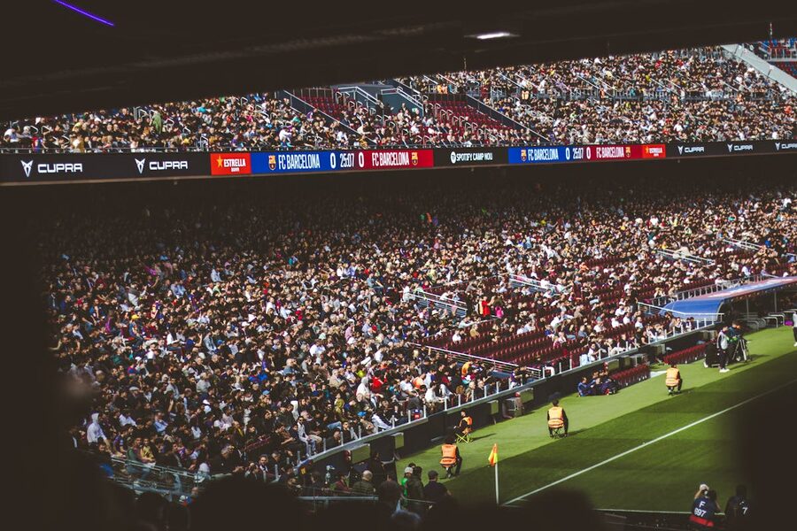 Packed Camp Nou stadium with spectators during an FC Barcelona match