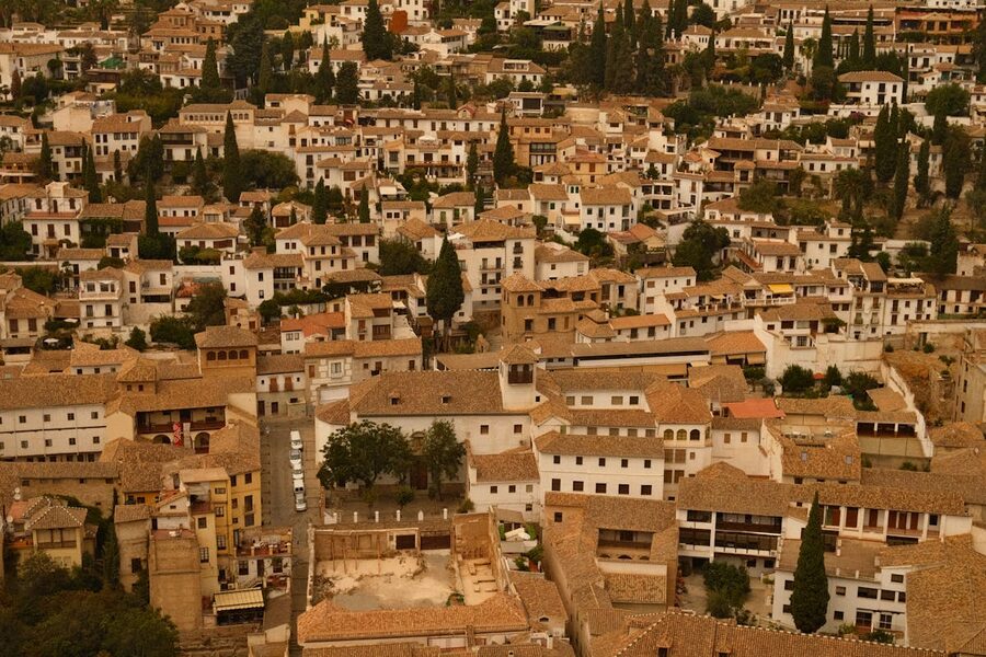 Aerial view of the historic Albaicin neighbourhood in Granada with traditional whitewashed buildings