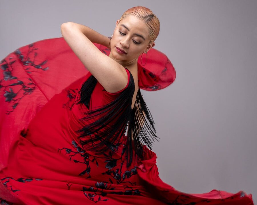 Flamenco dancer performing in a flowing red dress