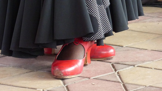 Close-up of red flamenco dancing shoes