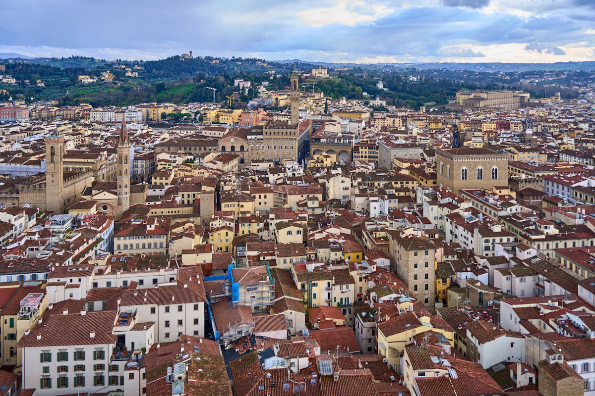 Aerial view of Florence historic architecture including palaces and churches
