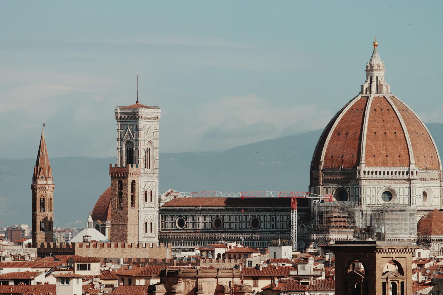 Aerial view of Florence city center with cathedral dome and towers