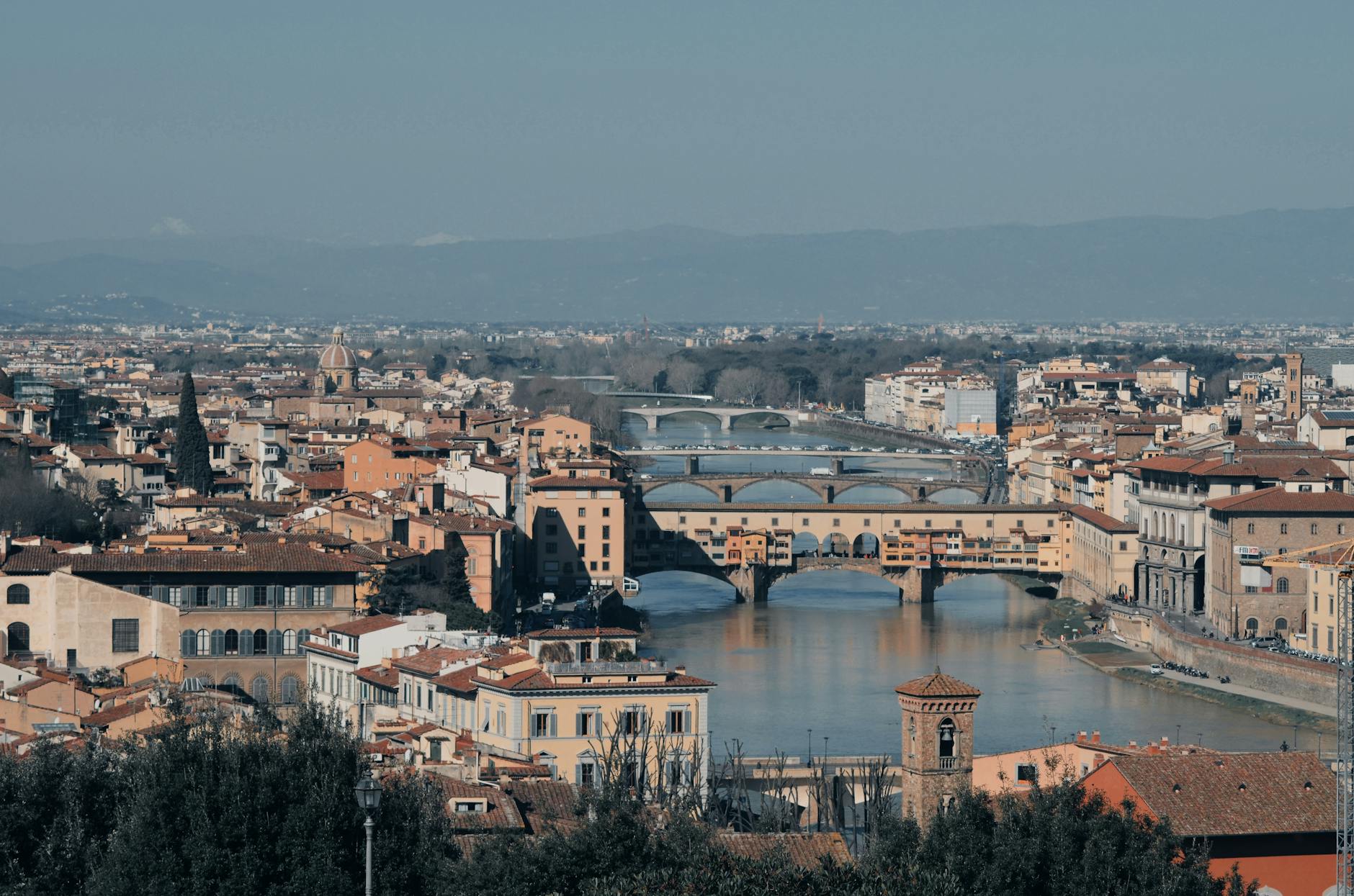 Panoramic view of Florence with Ponte Vecchio bridge and Arno River