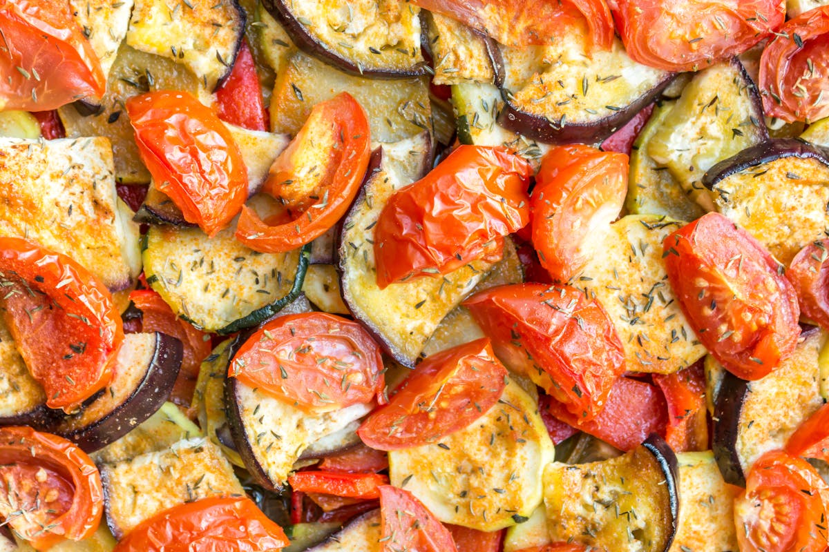 Close-up of fresh ratatouille with tomatoes eggplant and spices
