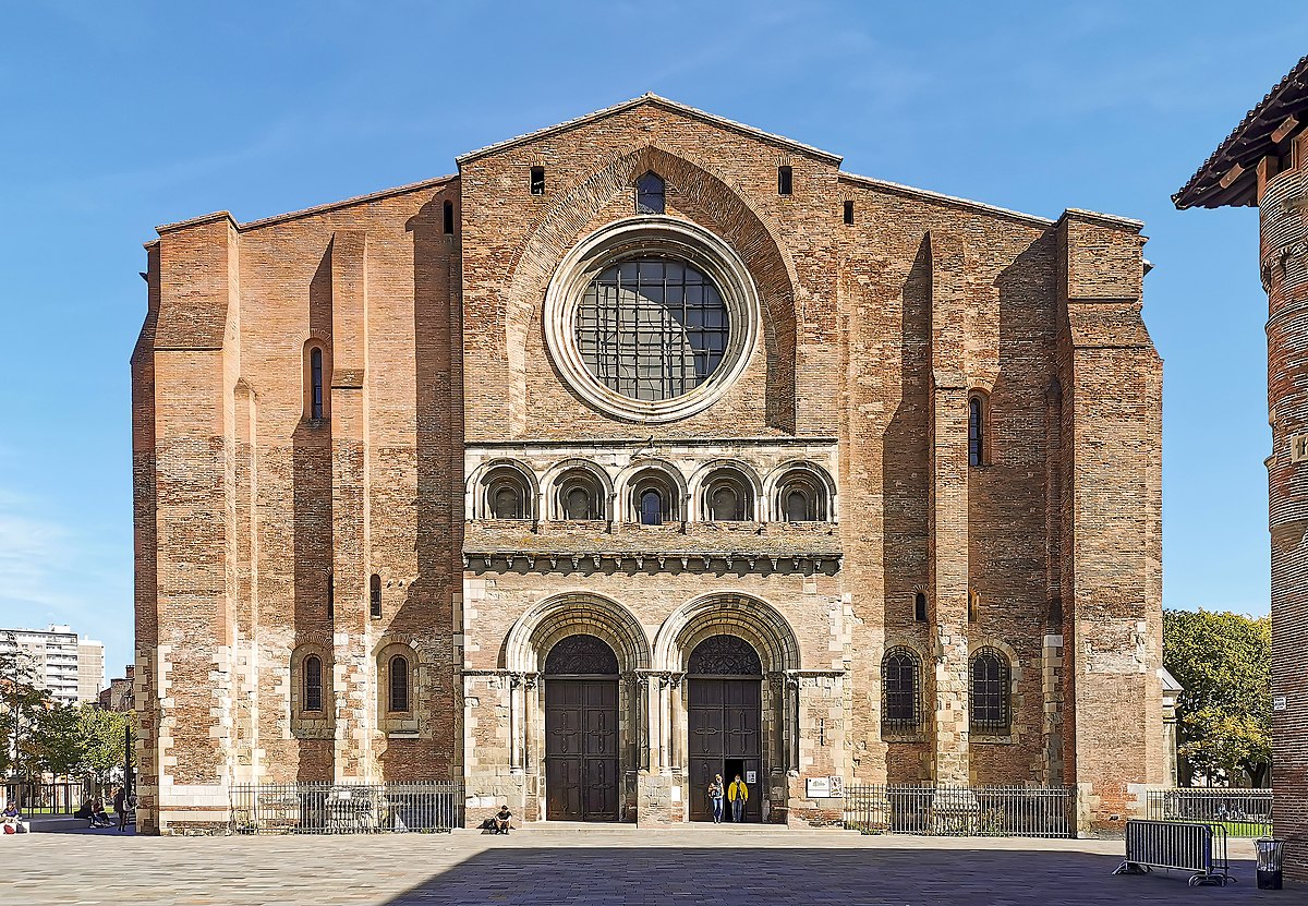 The Romanesque facade of the Basilica of Saint-Sernin in Toulouse