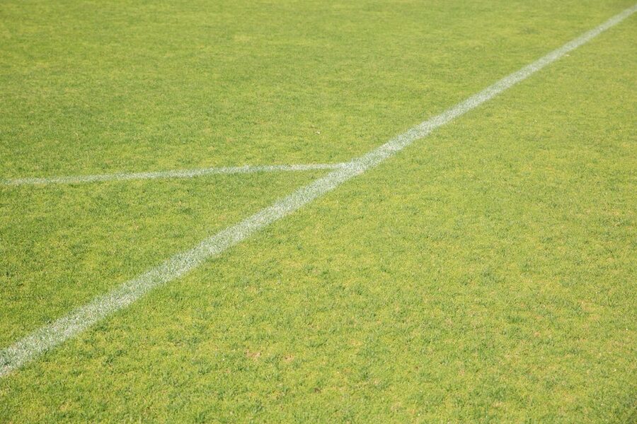 Close-up view of green grass on a football stadium pitch