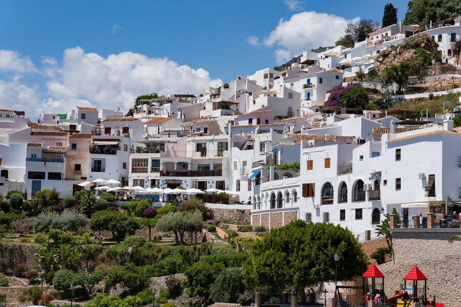 Rows of whitewashed houses along a narrow street in Frigiliana with potted plants