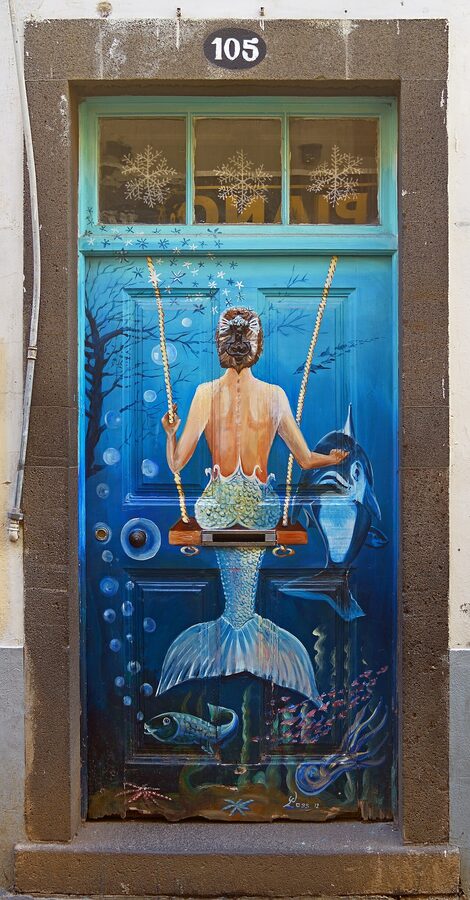 Painted mermaid door on Rua de Santa Maria, Funchal Madeira