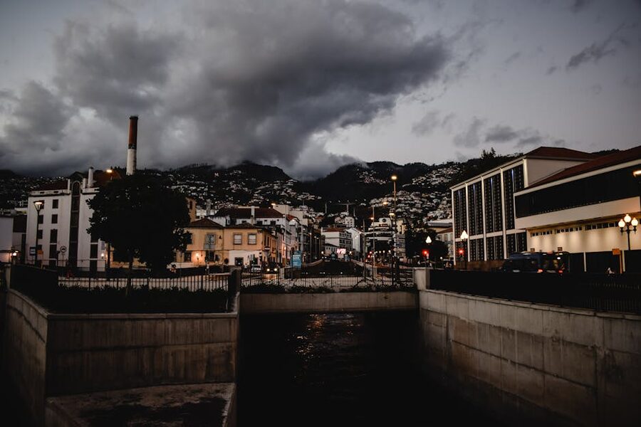 Funchal at dusk with city lights and cloudy sky
