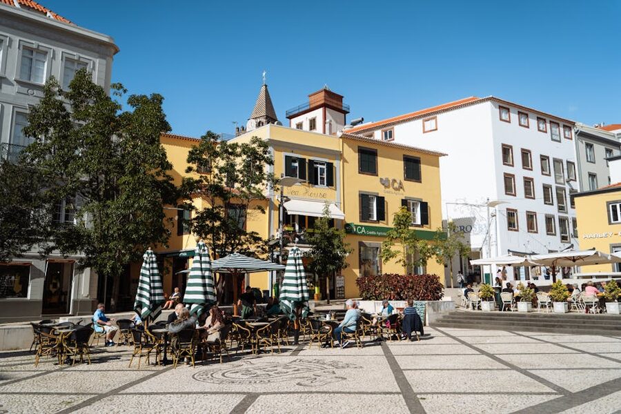 Outdoor cafe seating in central Funchal, Madeira