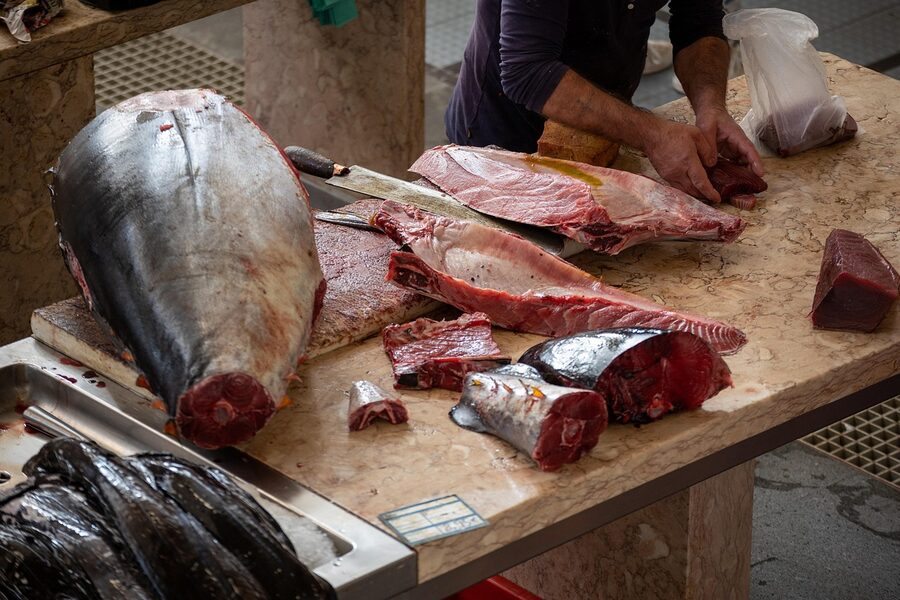 Fresh tuna at Funchal Mercado dos Lavradores fish counter