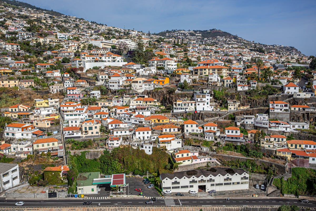 Aerial view of Funchal showing colorful rooftops and harbour