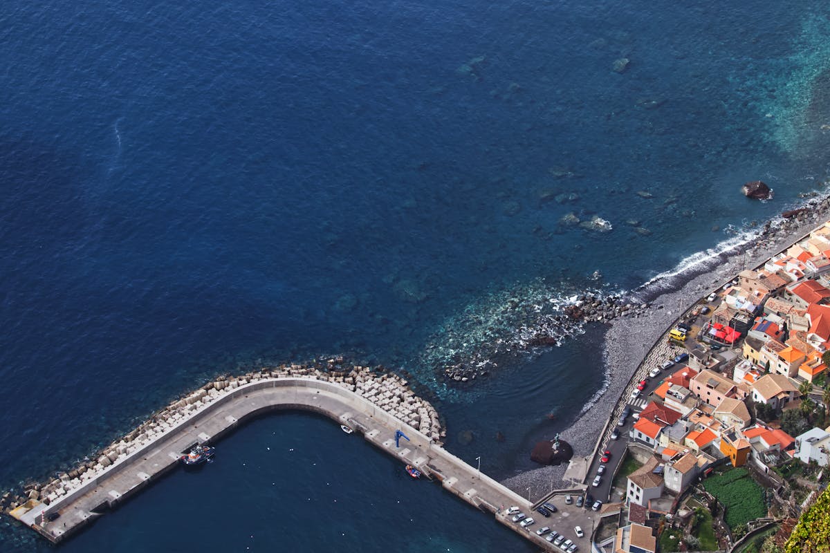 Aerial shot of Funchal harbour and coastline in Madeira