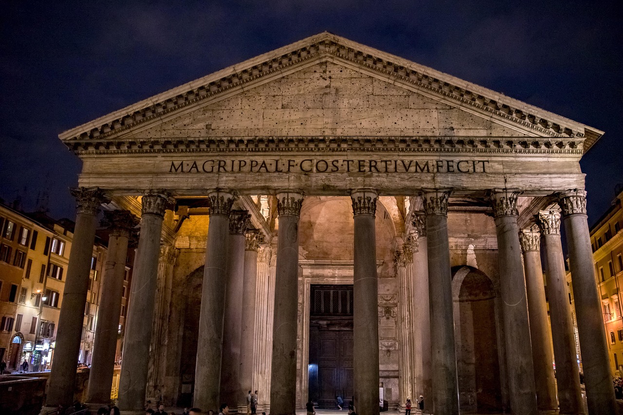 The Pantheon illuminated at night in Rome
