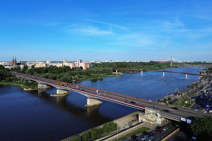 Aerial view of Slasko-Dabrowski Bridge over the Vistula in Warsaw