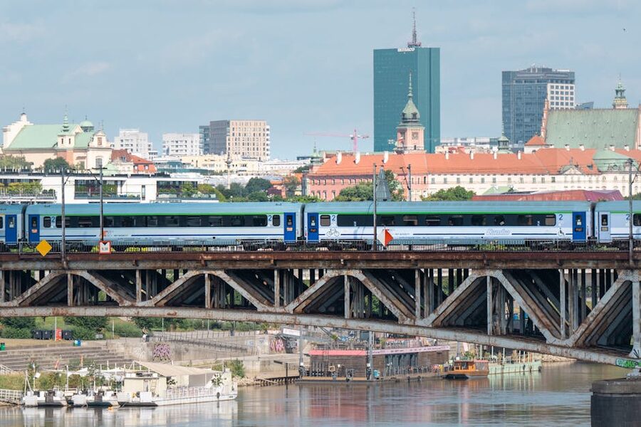 Train crossing a bridge over the Vistula in Warsaw