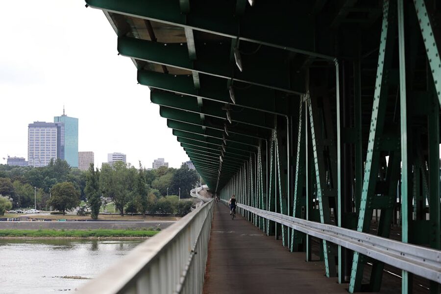 View from under a Warsaw bridge looking towards the cityscape
