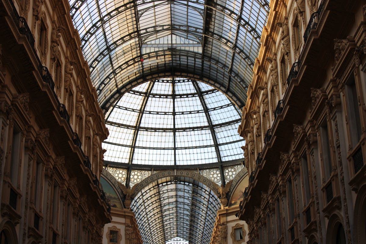 Glass ceiling and arched interior of Galleria Vittorio Emanuele II in Milan