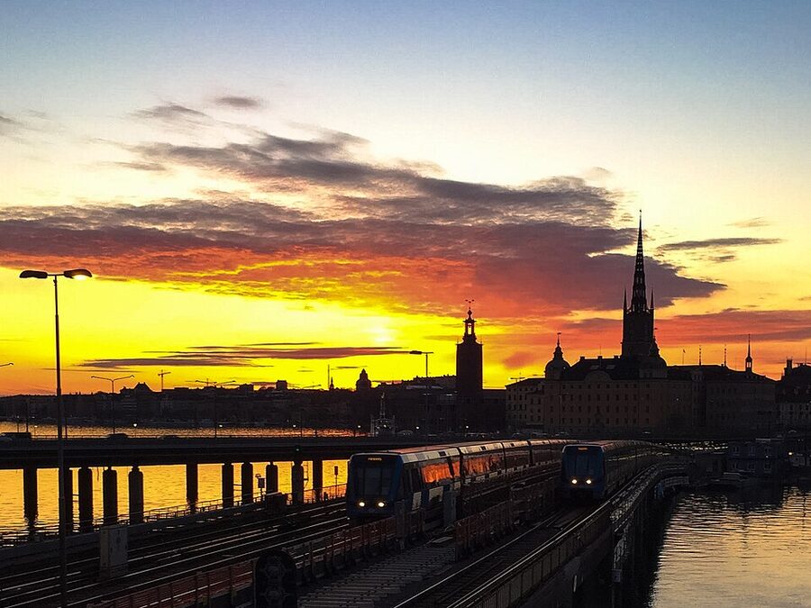 Sunset over Gamla Stan Stockholm with orange light on the rooftops