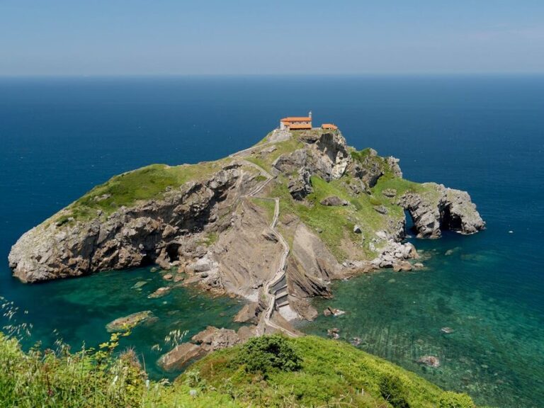Aerial view of San Juan de Gaztelugatxe island with hermitage chapel in Spain