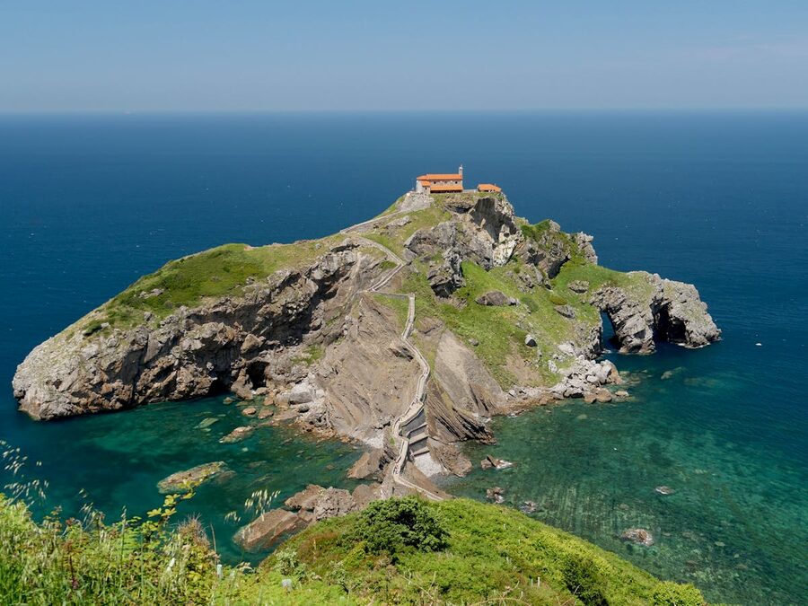 Aerial view of San Juan de Gaztelugatxe island with hermitage chapel in Spain
