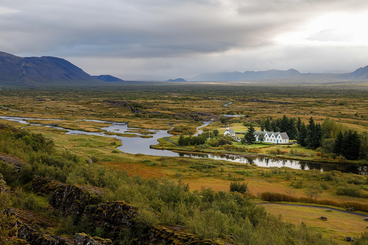 Panoramic view of Thingvellir National Park with mountains and lake in Iceland