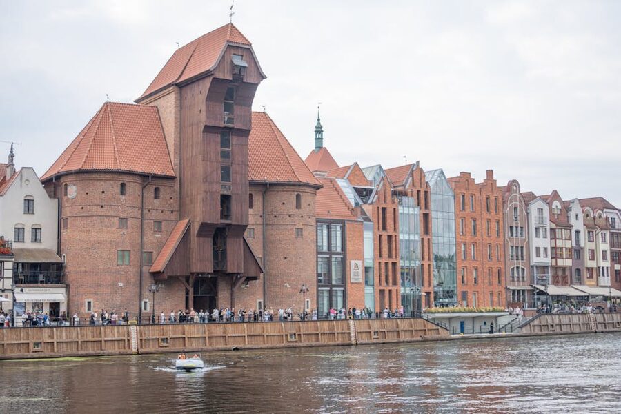 Iconic Gdańsk Crane and riverside architecture seen from the Motława River