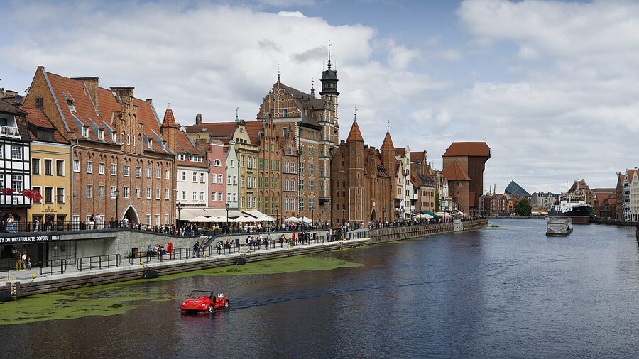 Długie Pobrzeże Long Embankment in Gdańsk lined with restored merchant houses