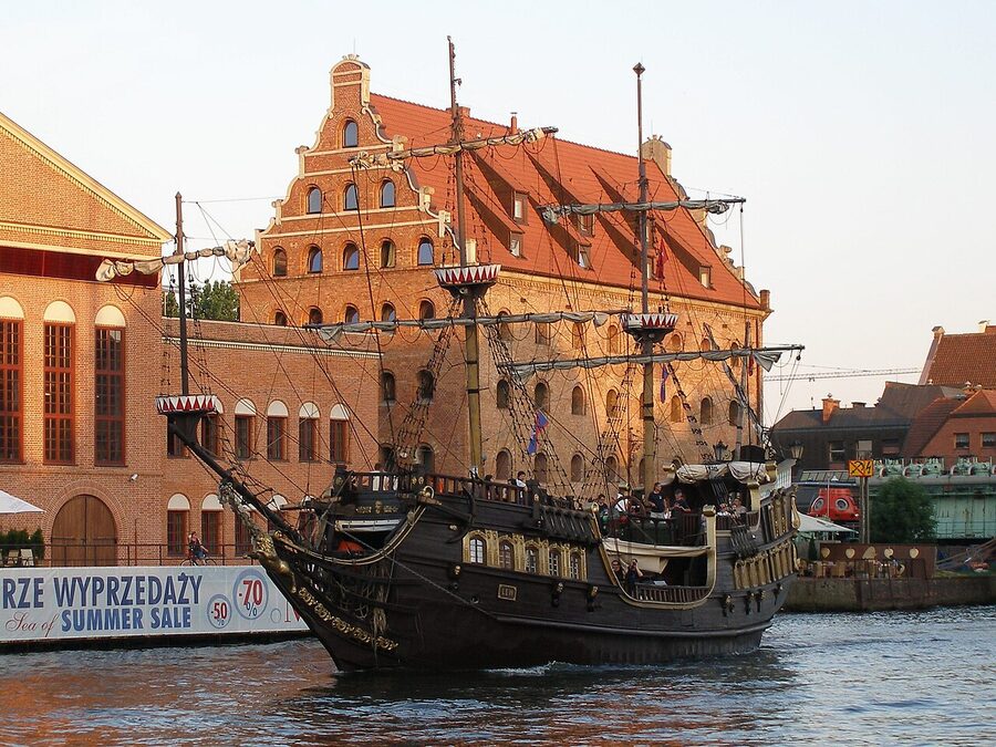 Galeon Lew, a full-size galleon replica, moored in Gdańsk