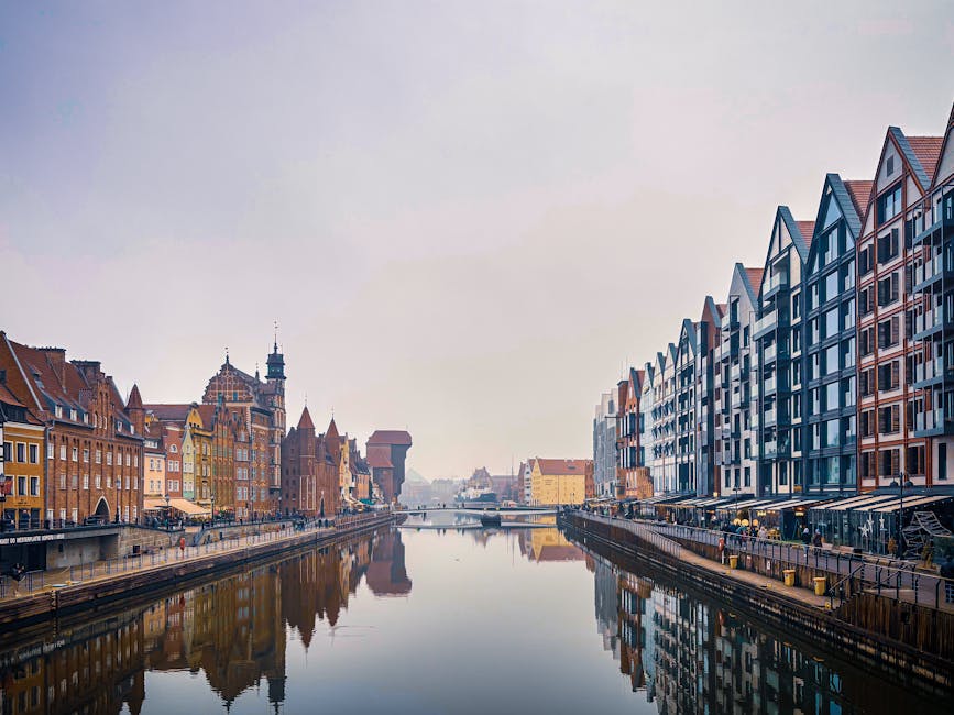 Motława River waterfront with reflected facades of Gdańsk Old Town
