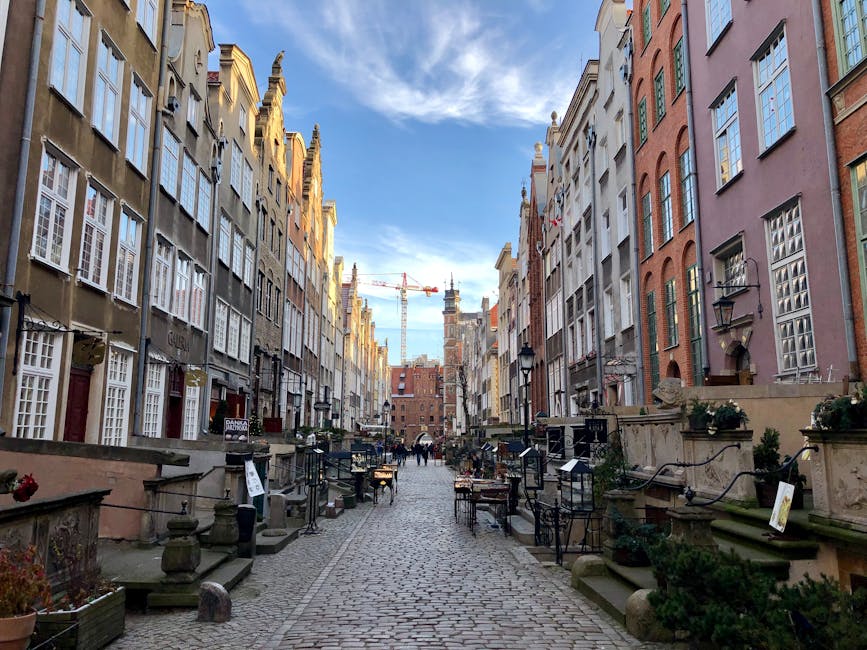 Cobblestone street with historic tenements Gdansk