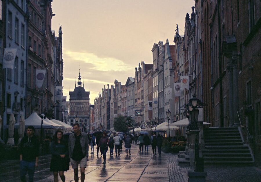 Gdansk historical street at sunset after rain
