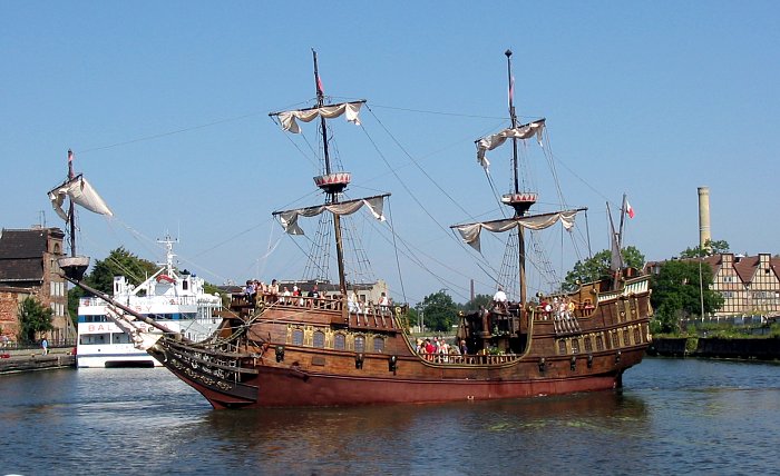 Wooden tourist galleon replica moored on the Motława River in Gdańsk