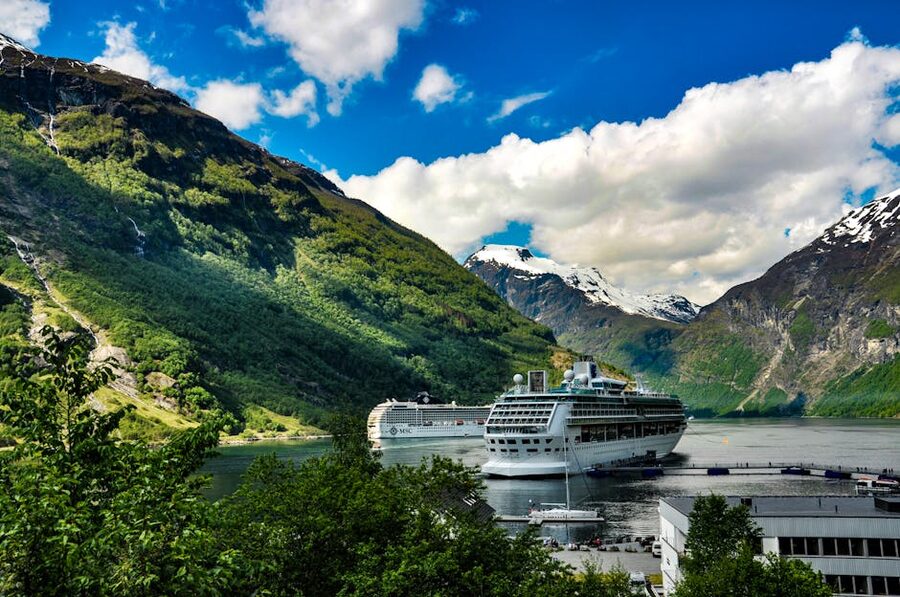 Cruise ship docked in Geiranger Fjord