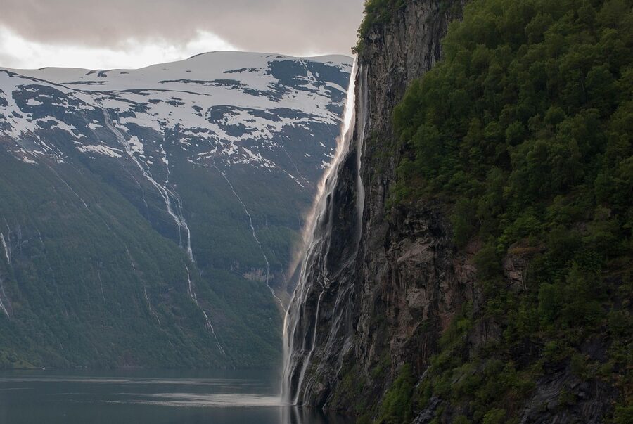 Geirangerfjord with waterfall in summer