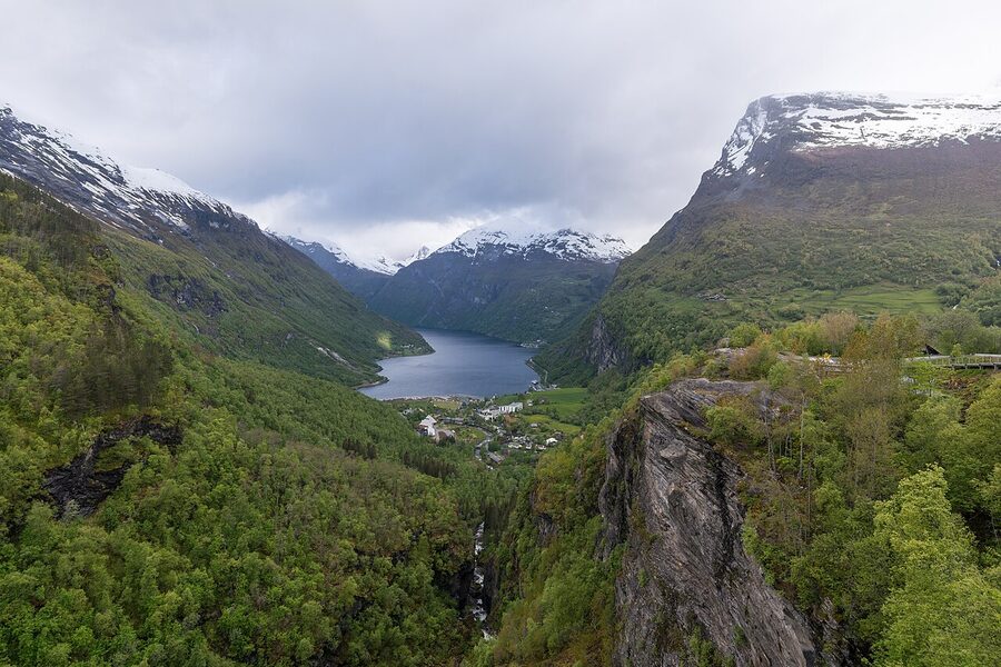 Geiranger village seen from Flydalsjuvet viewpoint