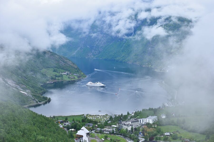 Geiranger village with cruise ship in fjord