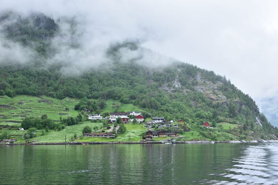 Geiranger village in misty hills