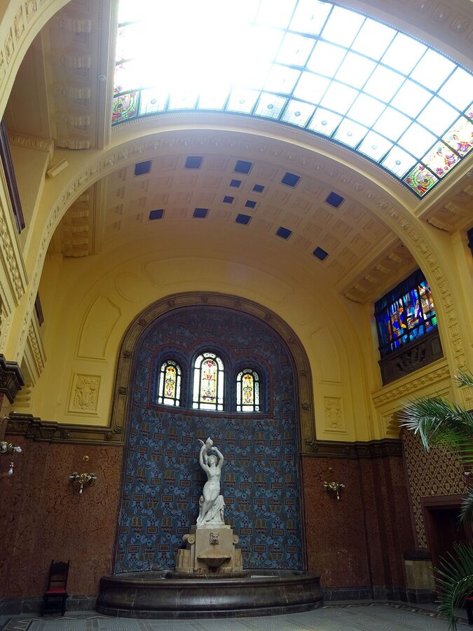 Gellért Spa entrance foyer with stained glass and mosaics