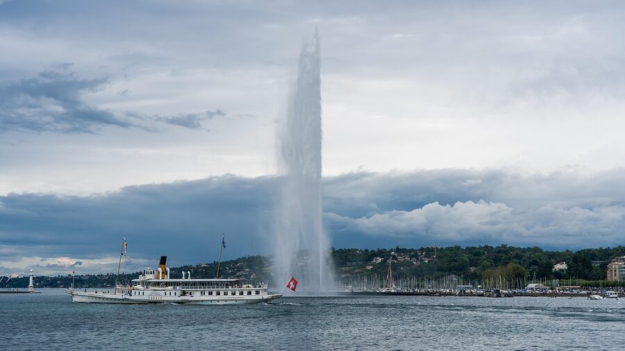 Geneva Jet d Eau fountain at sunset