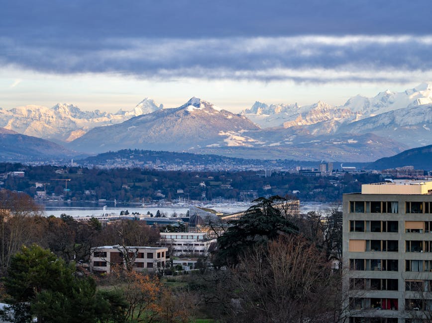 Geneva skyline with Swiss Alps backdrop