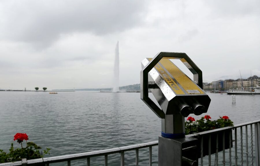 Telescope facing Jet d Eau fountain Geneva