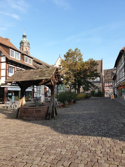 A traditional German town square in the evening