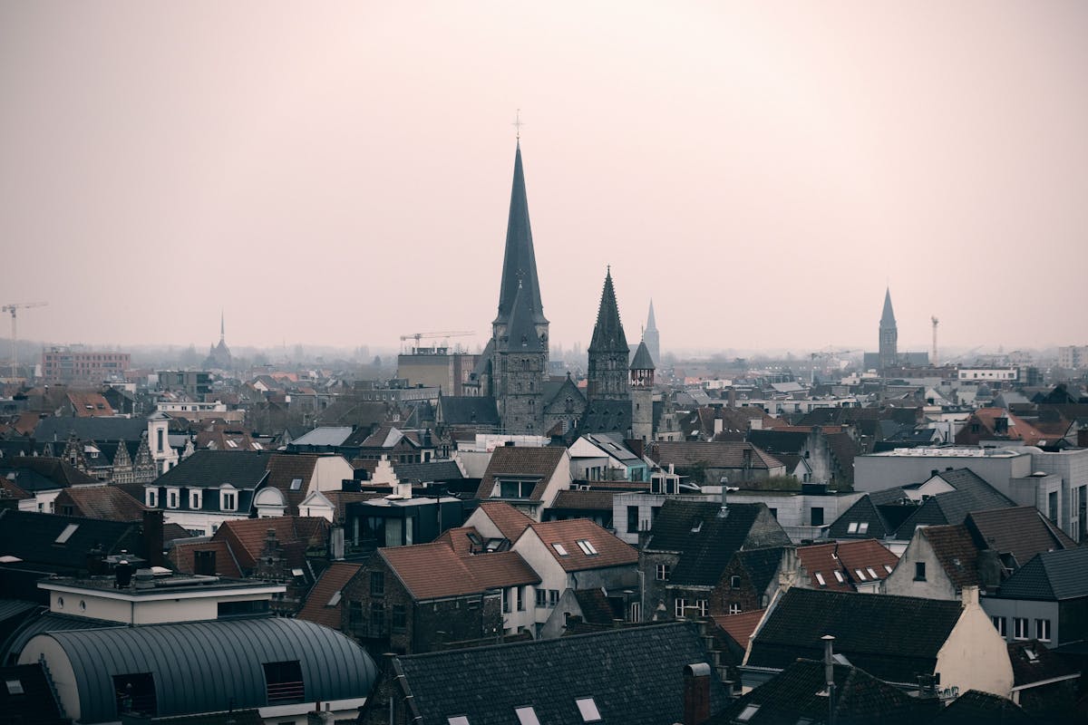 Aerial view of Ghent skyline with Gothic architecture and church steeples Belgium