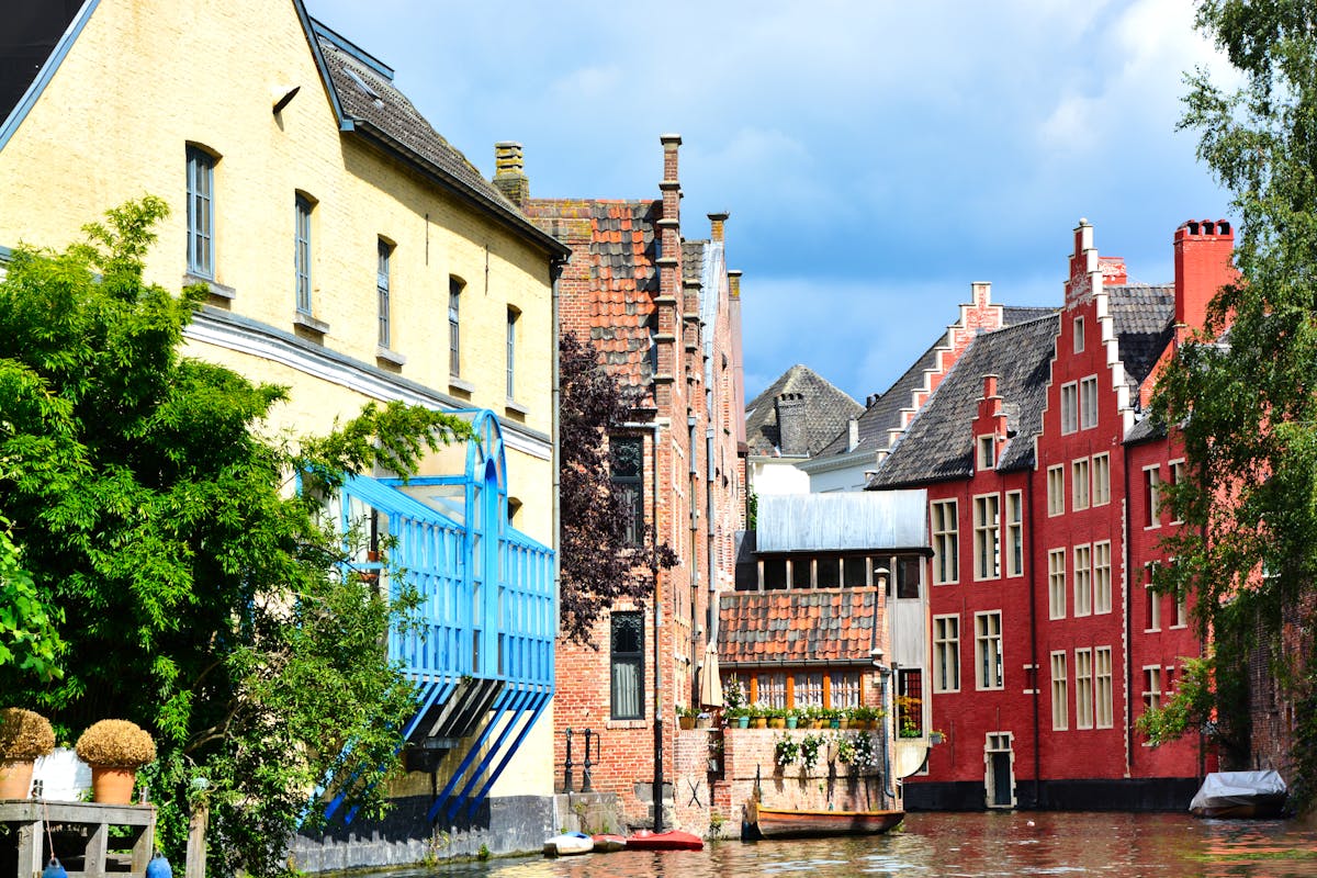 Colorful canal houses with facades in Ghent Flanders Belgium