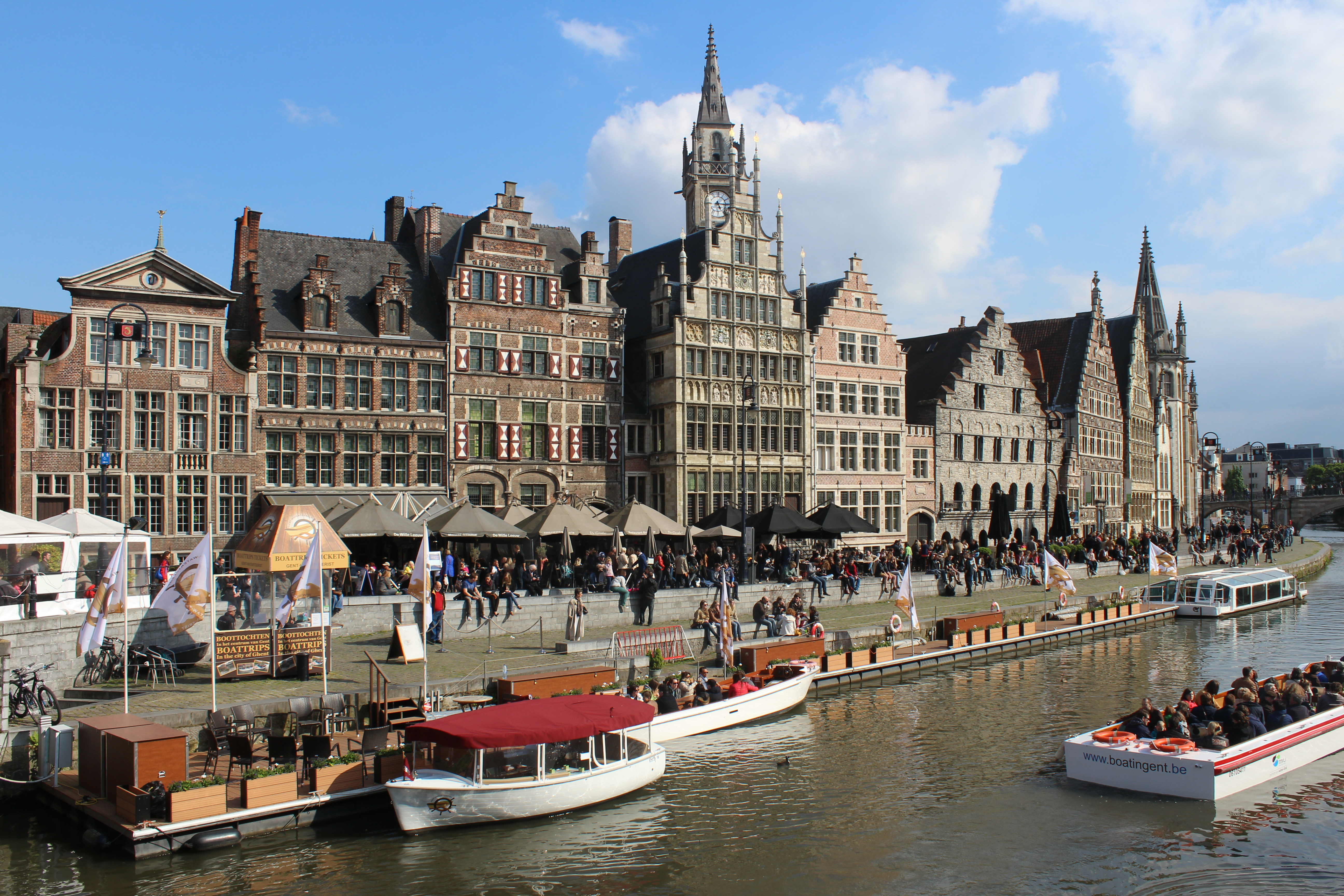 Graslei waterfront historic guild houses along the canal in Ghent Belgium