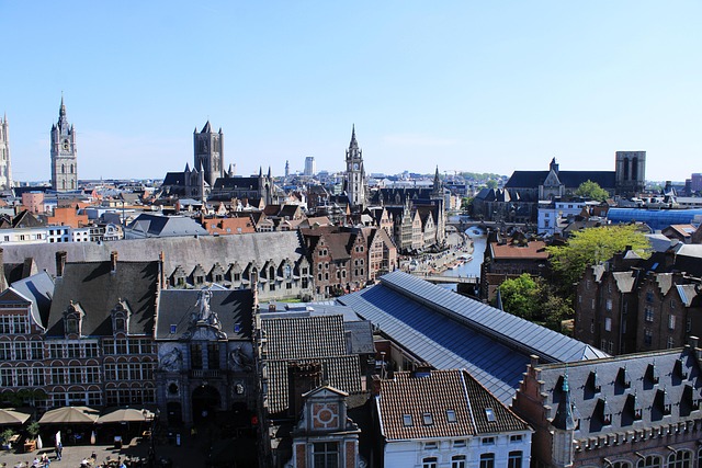 Ghent skyline showing Belfry Gravensteen Castle and church towers Belgium
