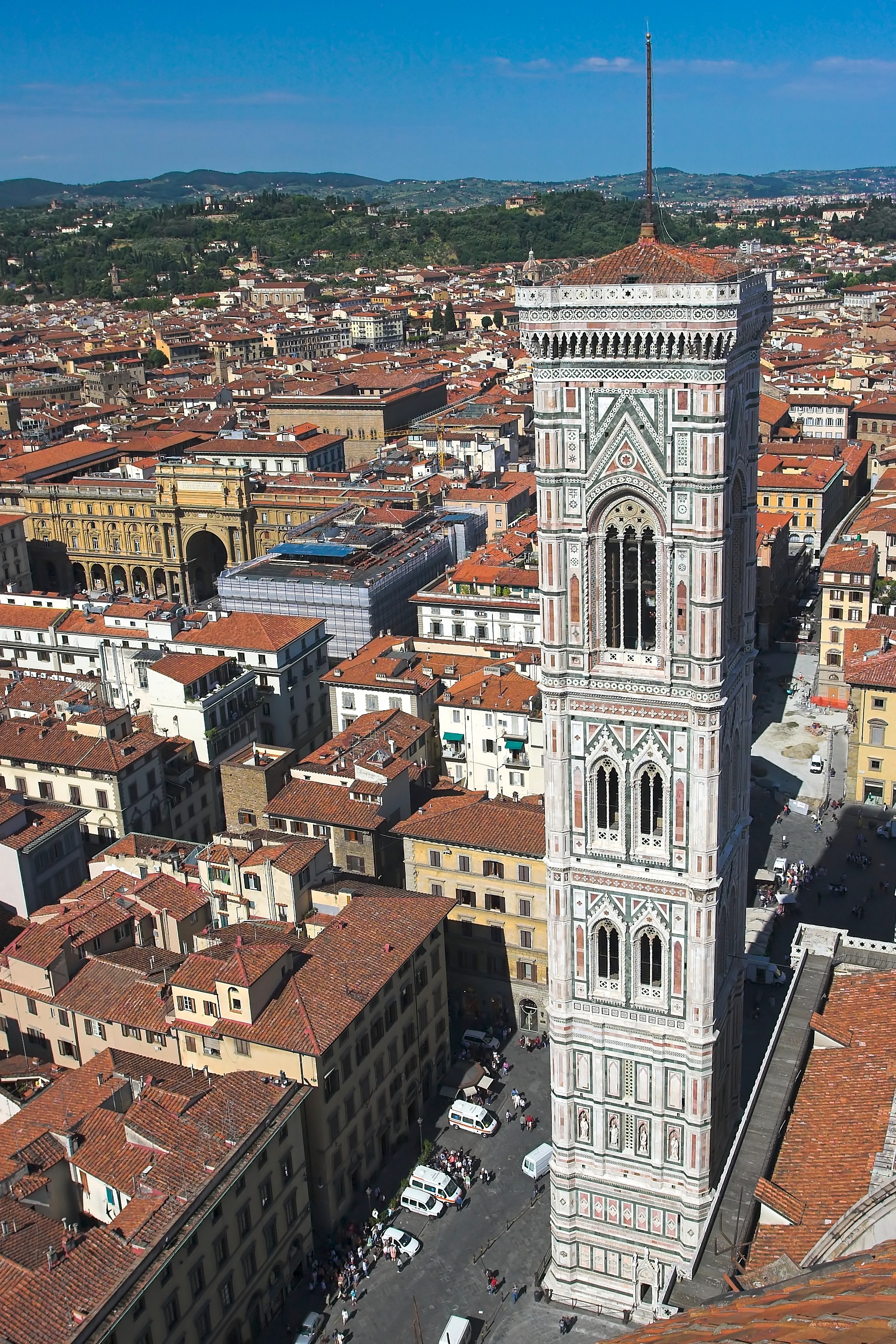 Giotto Campanile bell tower standing next to the Florence Cathedral with its colorful marble panels