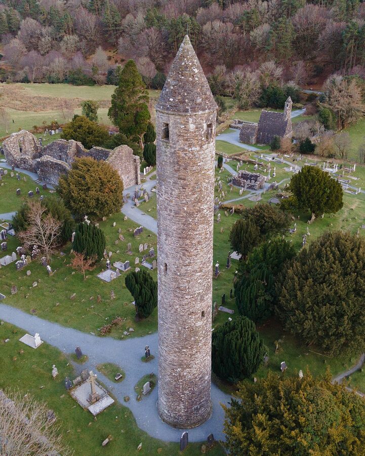 Glendalough Round Tower and monastic site from above